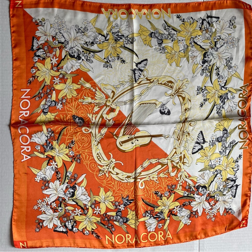 Nora Cora Silk Scarf Orange Music & Floral Theme 22" Square Cello Harp Butterfly
